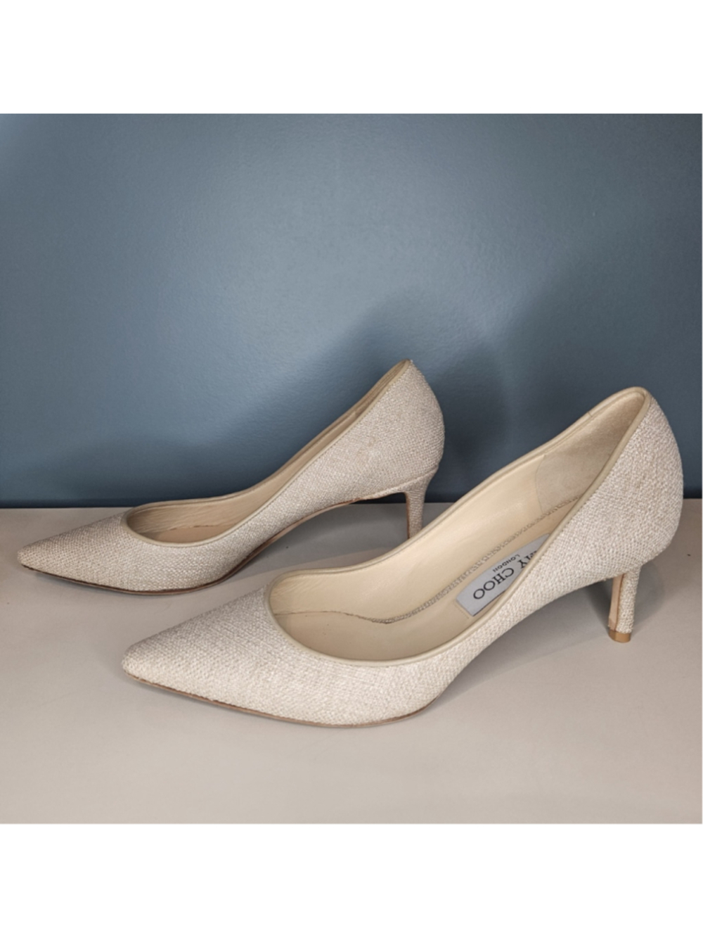 Jimmy Choo Romy 60 Champagne/Tan Woven Heels Pumps 38.5 US 7.5/8 - Picture 3 of 8